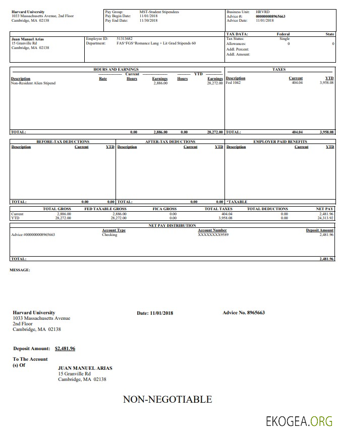Bulletin de paie de l'université de Harvard au format PDF et Word